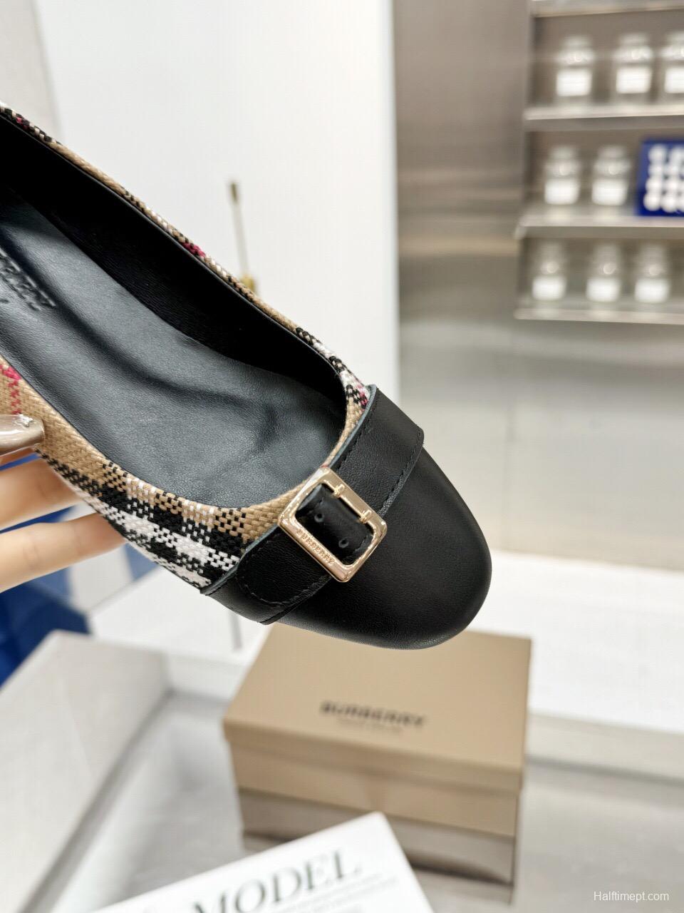 2025 Women Burberry Beige Black Fabric Leather Ballet Flats LY00250