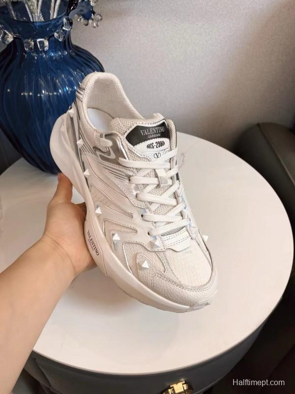 2024 Unisex Valentino White Silver Mesh Leather Sneakers MJ00410