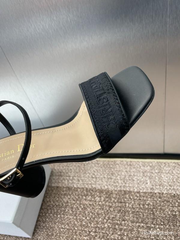 2025 Women Dior Black Leather Fabric Sandals