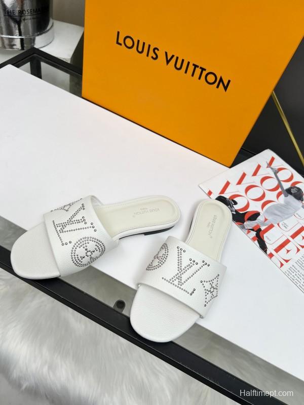 2025 LV White Leather Slippers LY00200