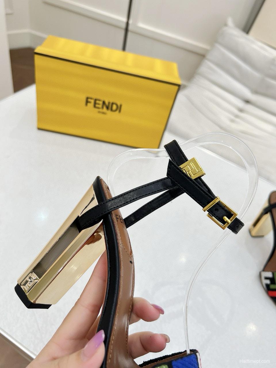2025 Women Fendi Black Multicolor Leather Suede Sandals MJ00280