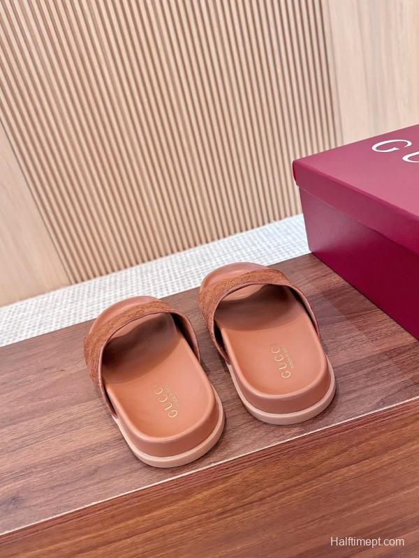2025 Women Gucci Brown Suede Leather Slippers