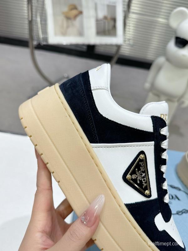 2025 Women Prada Black White Leather Suede Sneakers Downtown Bold KFY00310