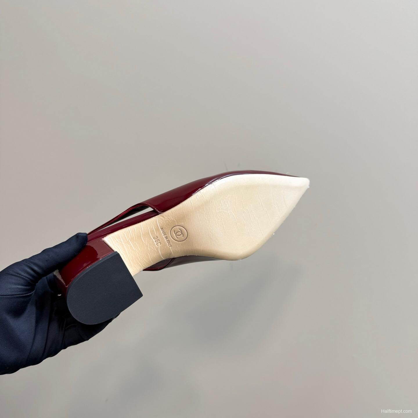 2025 Women Chanel Burgundy Patent Leather Slingback Pumps