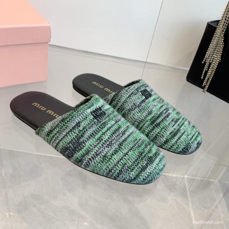 2025 Miu Miu Green Black Fabric Slippers