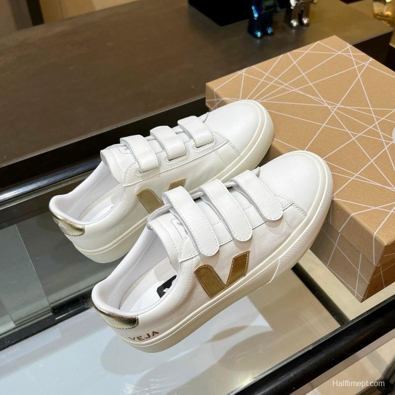 2025 Women VEJA White Gold Leather Strap Sneakers