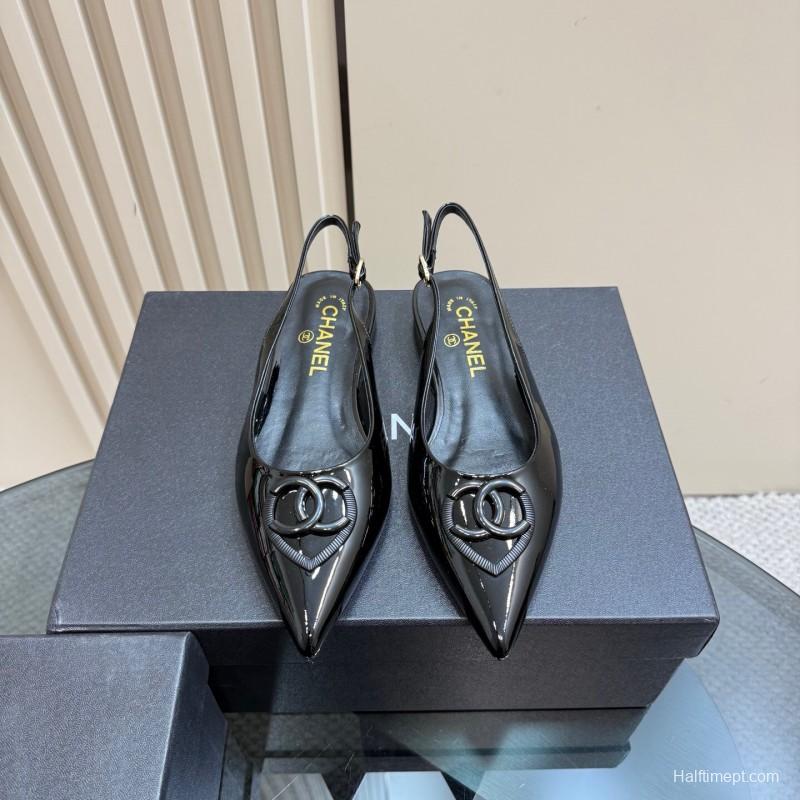 2025 Women Chanel Black Satin Leather Slingback Flats KFY00290