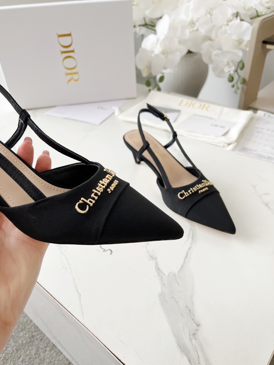 2025 Women Dior Black Fabric Slingback Kitten Heel