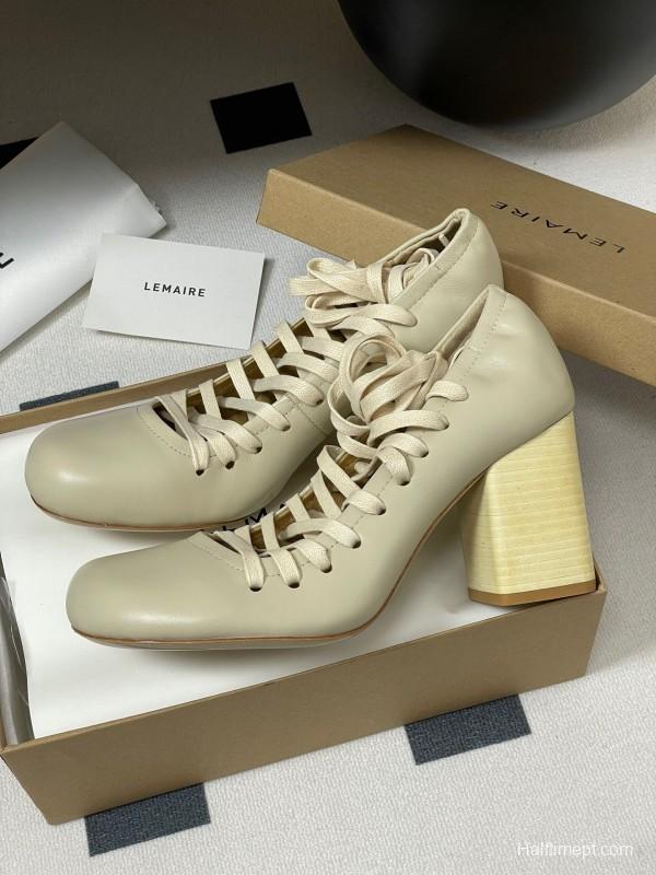 2025 Women Lemaire Ivory Leather Round Toe Block Heel Lace Up KFY00310