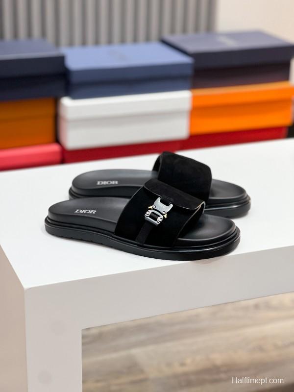 2025 Men Dior Black Leather Slippers CD Diamond Top Version AS00190
