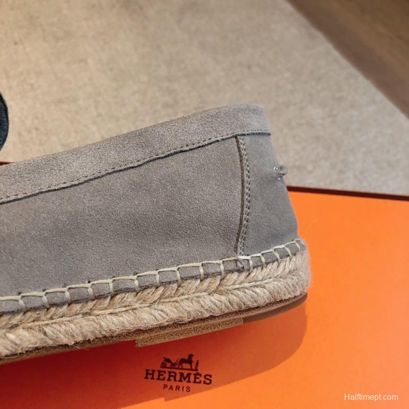 2025 Unisex Hermès Light Grey Calfskin Suede Loafers AS00380