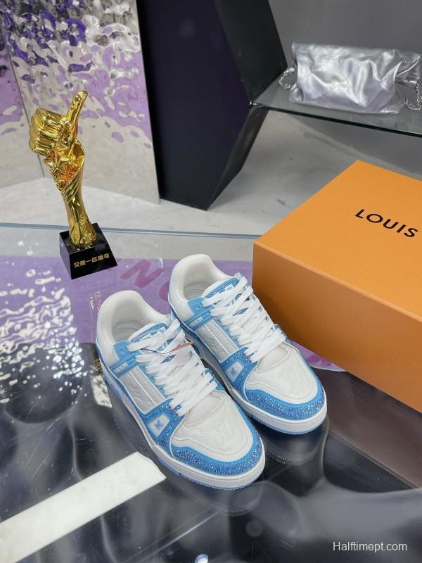2025 Unisex Louis Vuitton Light Blue White Leather Denim Plimsolls Hand Drilled AS00400