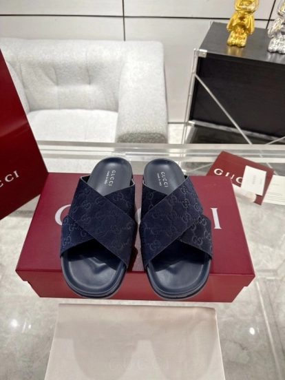 2025 Unisex Gucci Navy Fabric Slippers Double G Embossed AS00240