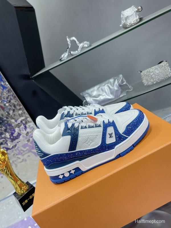 2025 Unisex Louis Vuitton Blue White Leather Plimsolls Handcrafted Beaded AS00400