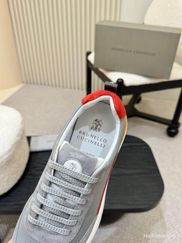 2025 Men Brunello Cucinelli Grey White Brown Suede Mesh Sneakers AS00320