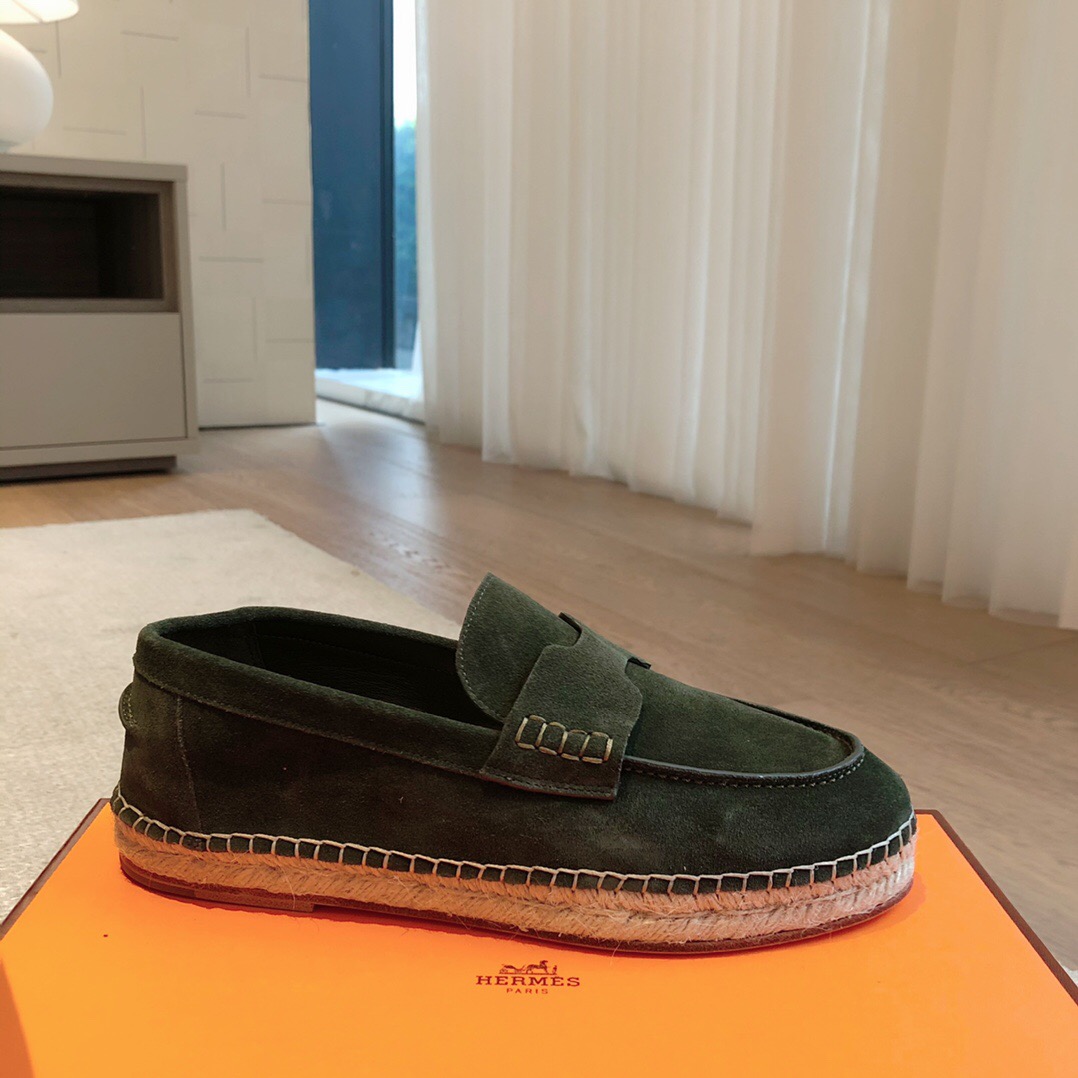 2025 Unisex Hermès Dark Green Suede Leather Loafers AS00380
