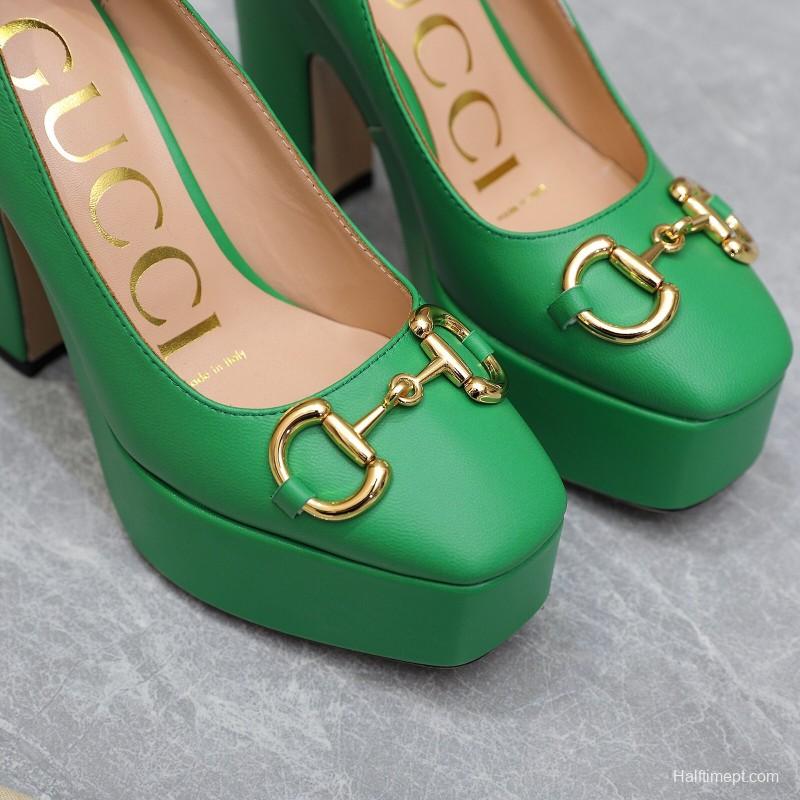 2025 Women Gucci Green Leather Platform Pumps KFY00320
