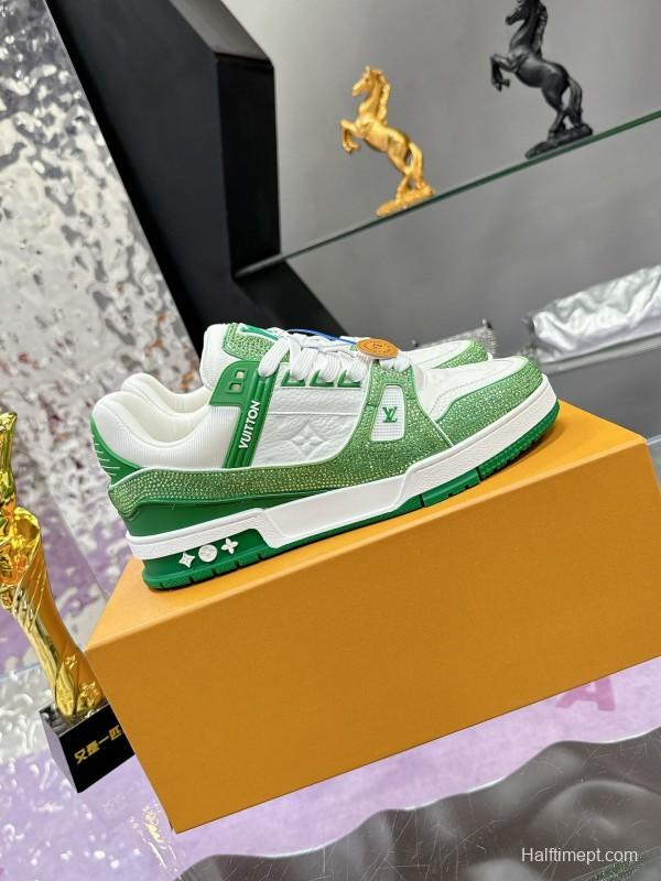 2025 Unisex Louis Vuitton Green White Leather Canvas Plimsolls Handcrafted Diamonds AS00400