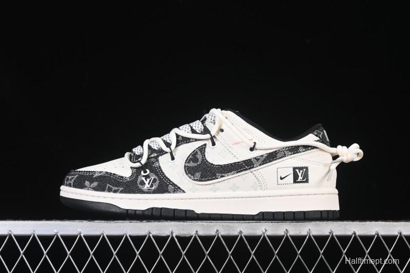 Nike SB Dunk Low LV Collaboration Black Floral Drawstring Anniversary High-End Custom Low-Top Casual Skate Shoes - YX5066-385