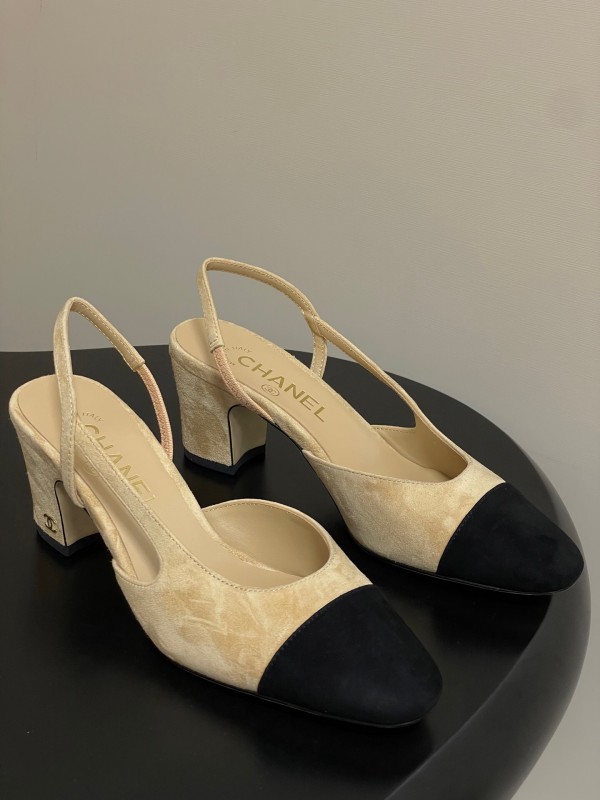 Chanel Sling-back Two-Tone Suede Slingback Sandals Flat/Block Heel - KFY00280