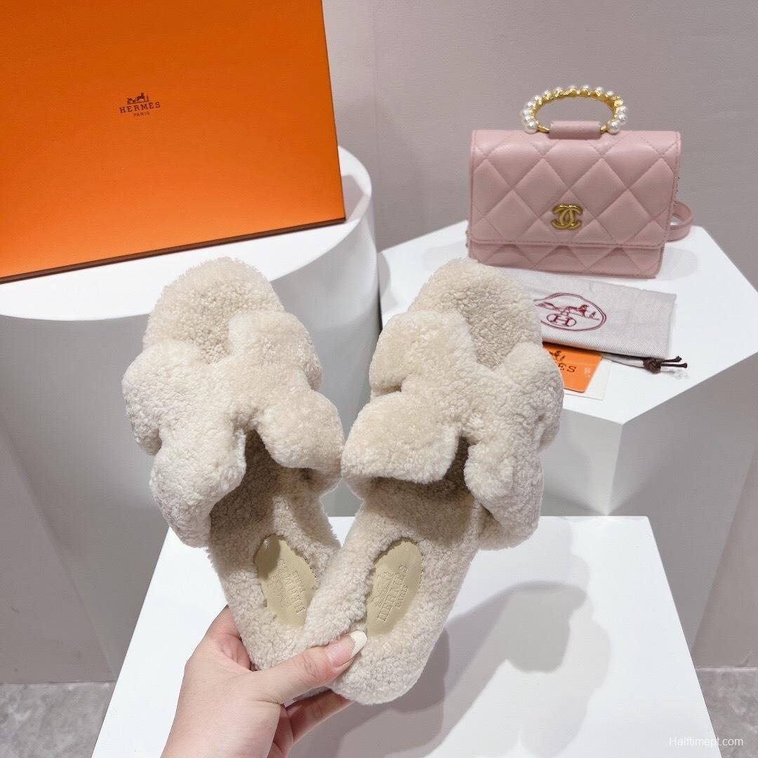 H Teddy Wool H Slippers Flat Sole Winter Collection - LY00240