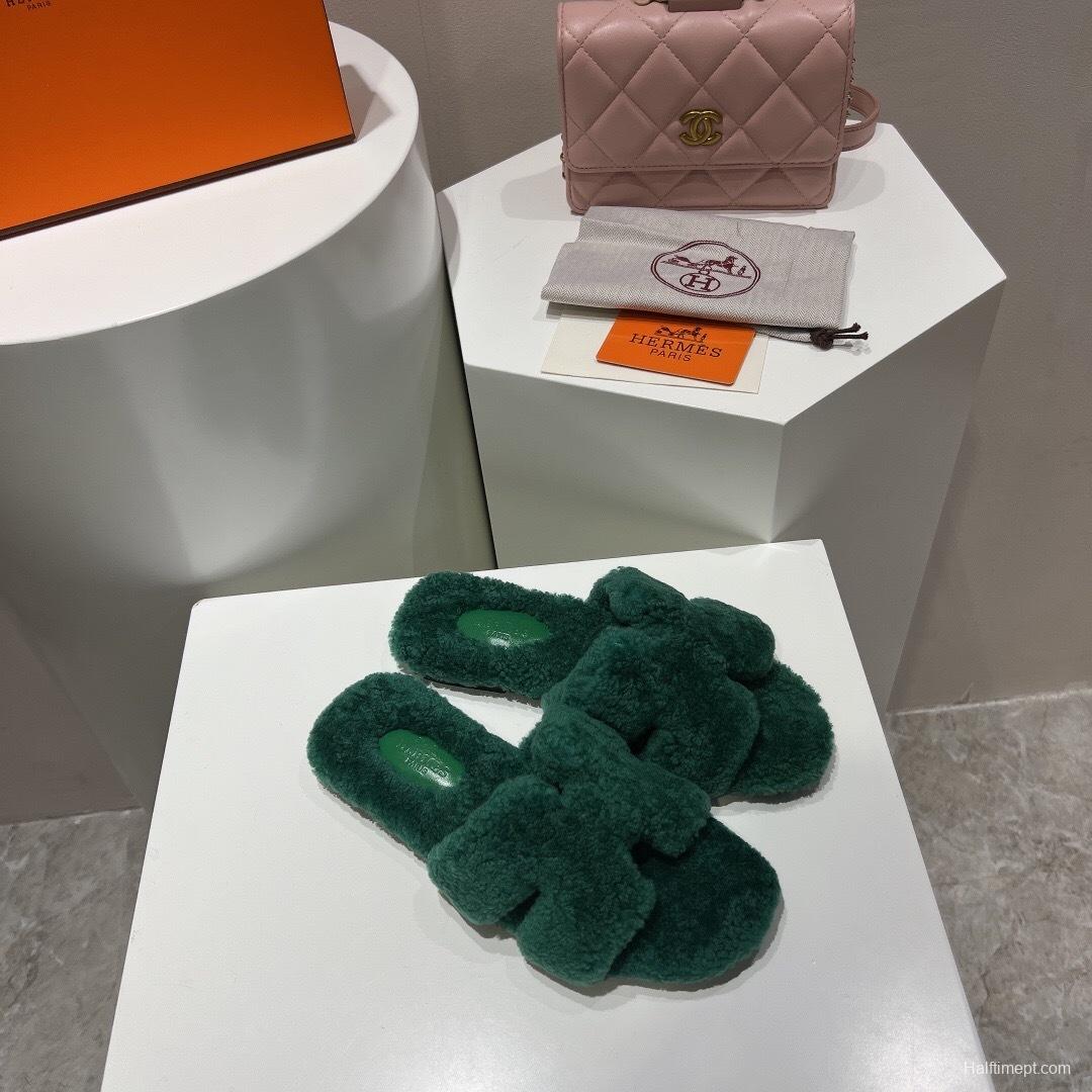H Teddy Wool H Slippers Flat Sole Fur Slippers - LY00240