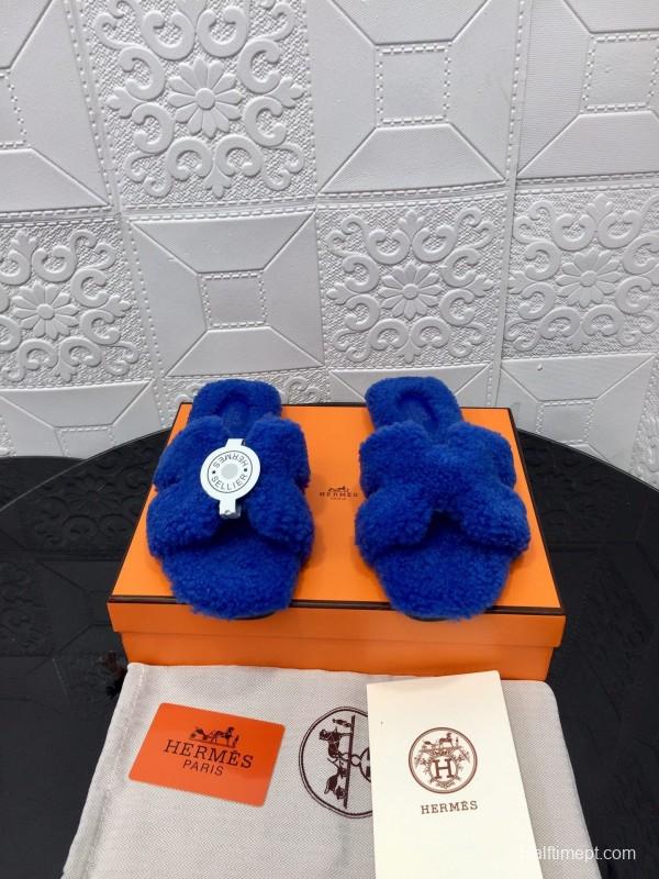 H Hermes Teddy Wool H Slippers Flat Sole Fur Slides - LY00240