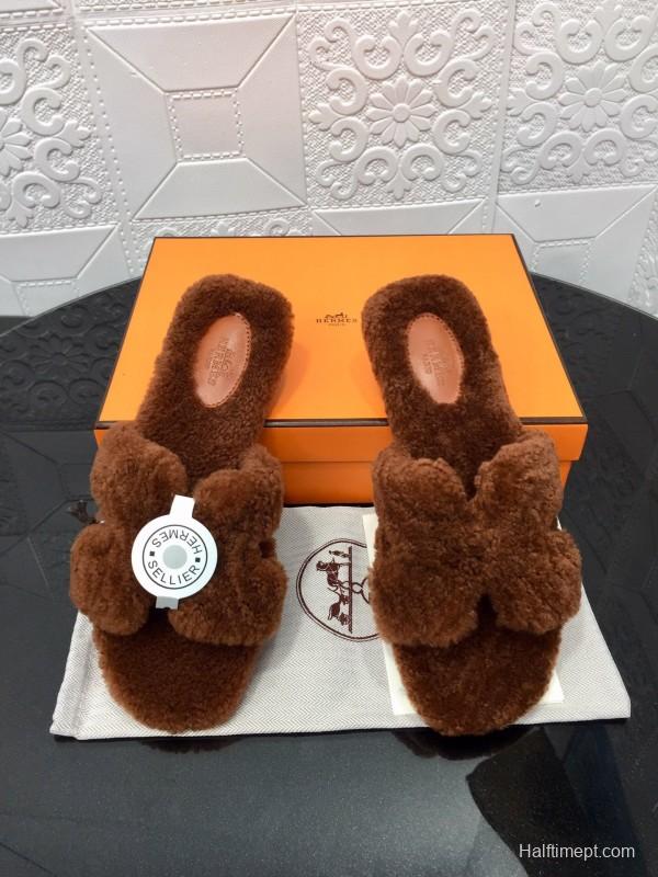 H Teddy Wool H Slippers Flat Sole Winter Fur Slippers - LY00240