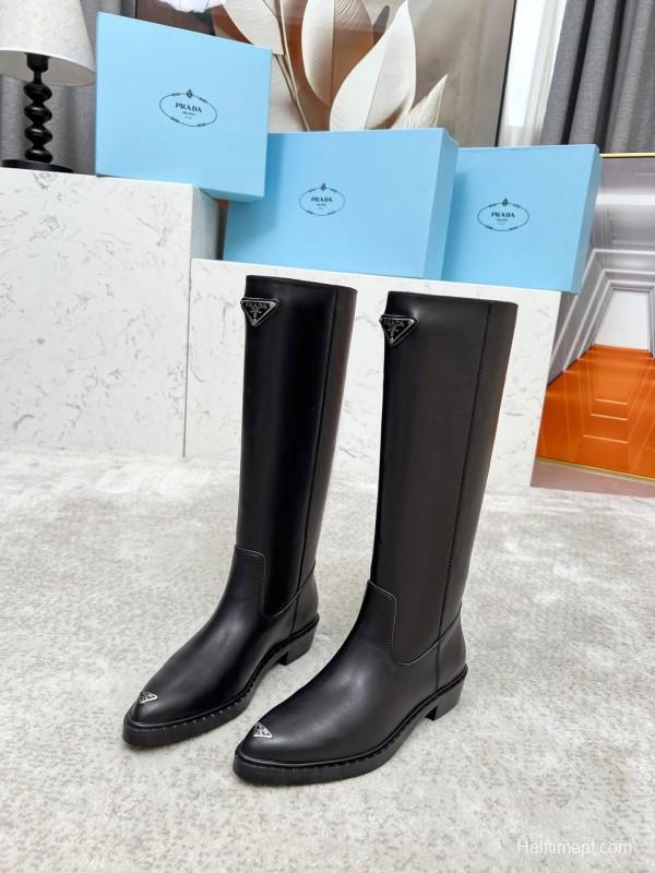Prada Classic Triangle Logo Pointed Toe Boots - LY00400