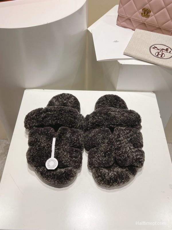 H Love Erjiu Full Wool Slippers with Slight Curly Wool Design - LY00270