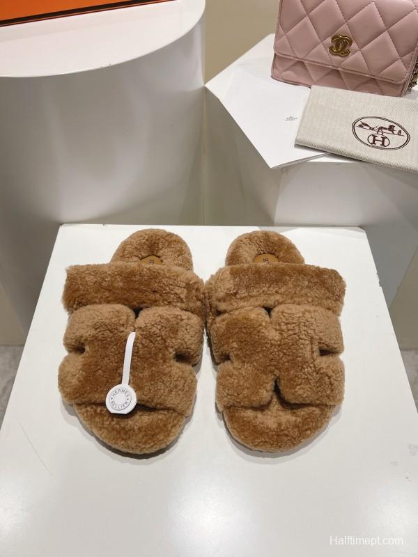 H Love Tulle Full Wool Fur Slippers with Wavy Fur - LY00270