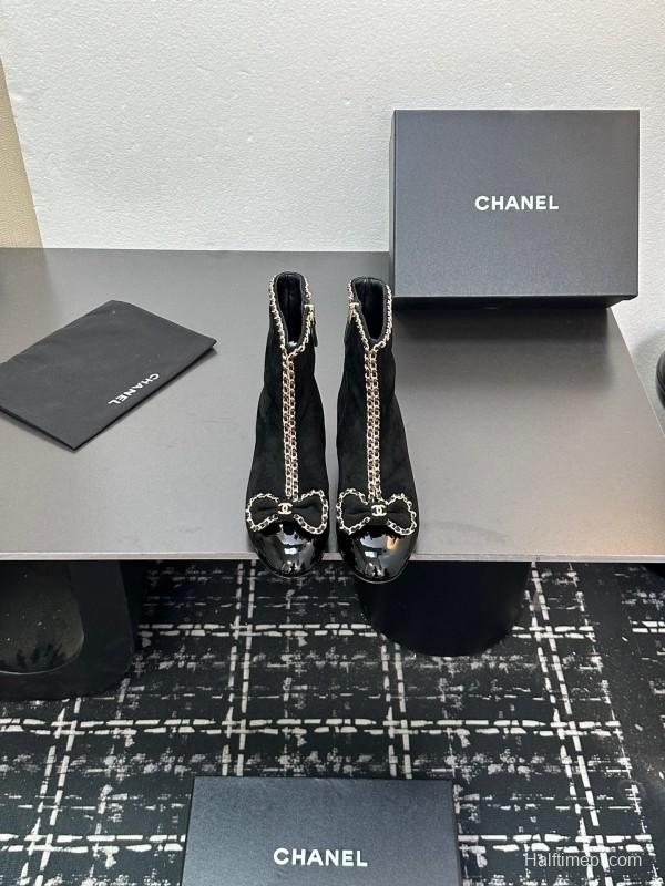 Chanel 2025 SS Chain Bow Chunky Heel Ankle Boots - LY00370
