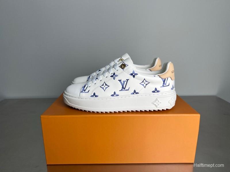 Louis Vuitton Time Out Cherry Blossom Collection Leather Round Toe Flat Low Top Sneakers Women's - YC