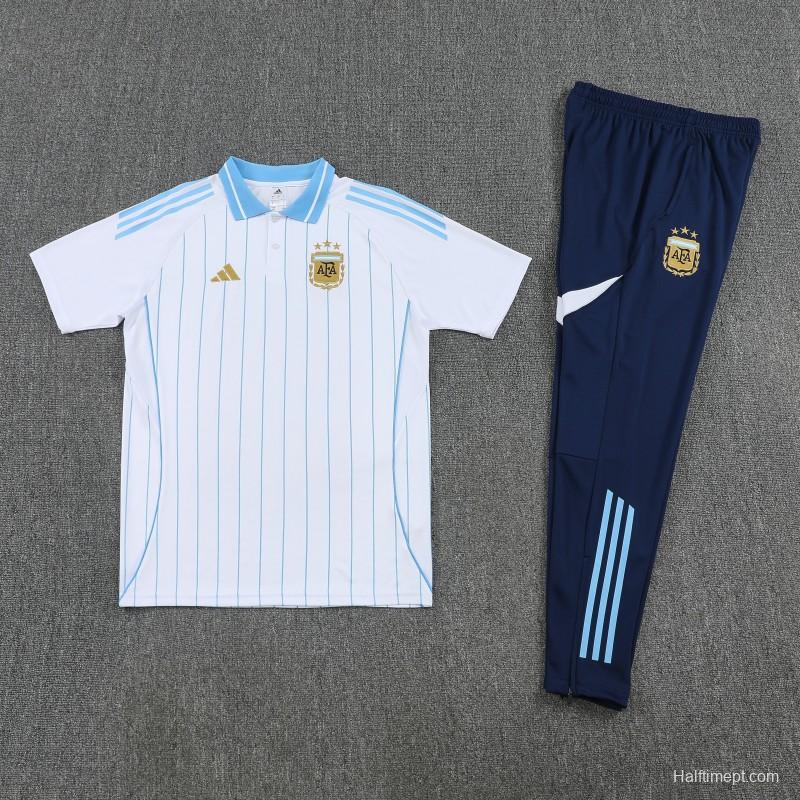 26/27 Argentina White Stripes Polo Training Shirt + Navy Blue Long Pants Tracksuit
