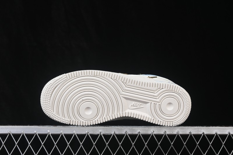Nike Air Force 1 '07 Low 'Ocean Blue' Hand-Painted Sneakers with Diamond and Rose Motifs - FV3654-311