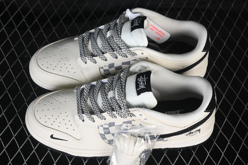 Nike Dunk Low Stussy White Black Double Check Heart Custom Skateboarding Shoes - TX1688-021