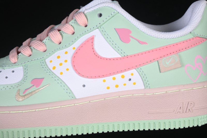 Nike Air Force 1 '07 Low Sneakers with Hand-Drawn Mint and Pink Sweetheart Design - DB3301-909