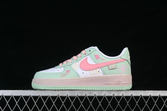 Nike Air Force 1 '07 Low Sneakers with Hand-Drawn Mint and Pink Sweetheart Design - DB3301-909