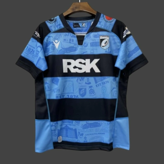 25/26 Cardiff Rugby Sky Blue with Navy Hoops and Heritage Print Jersey
