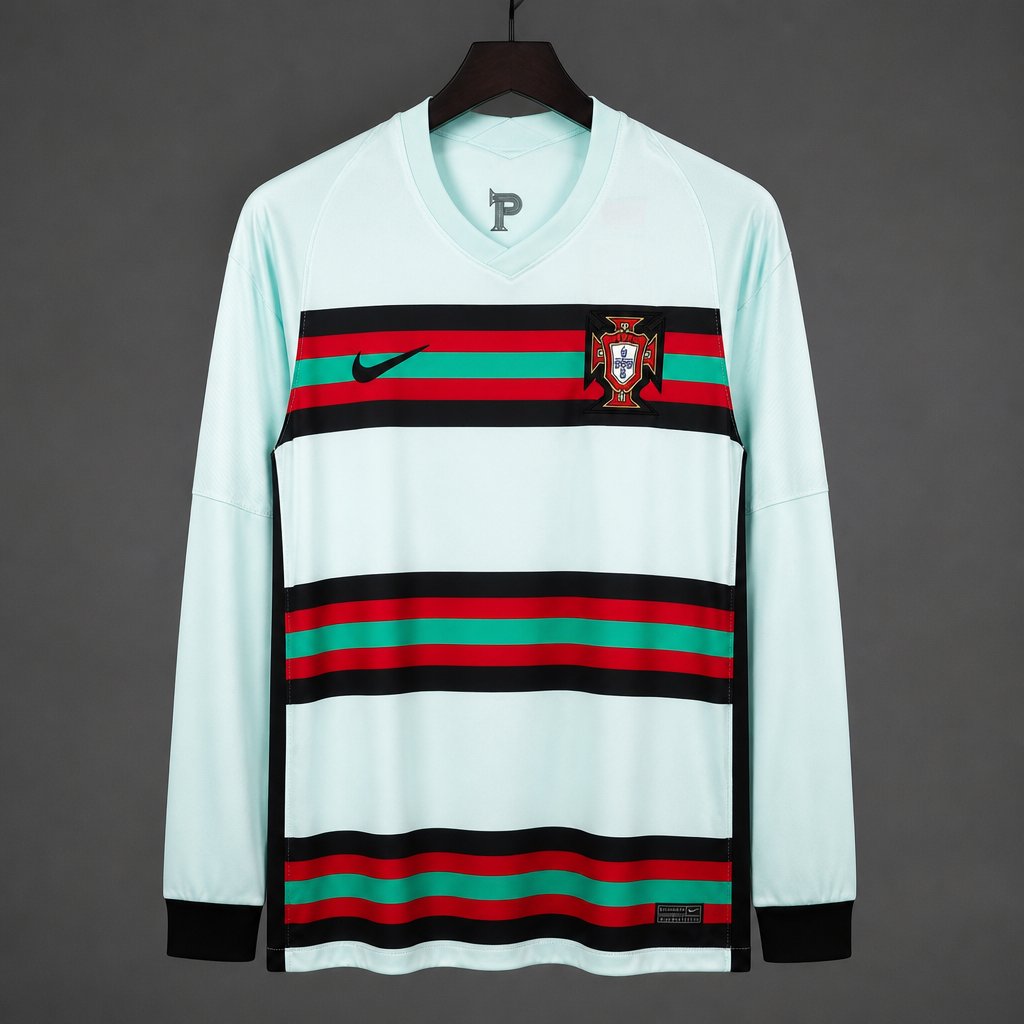 Retro 2020 Portugal Mint Green with Red Stripes Away Long Sleeve Jersey