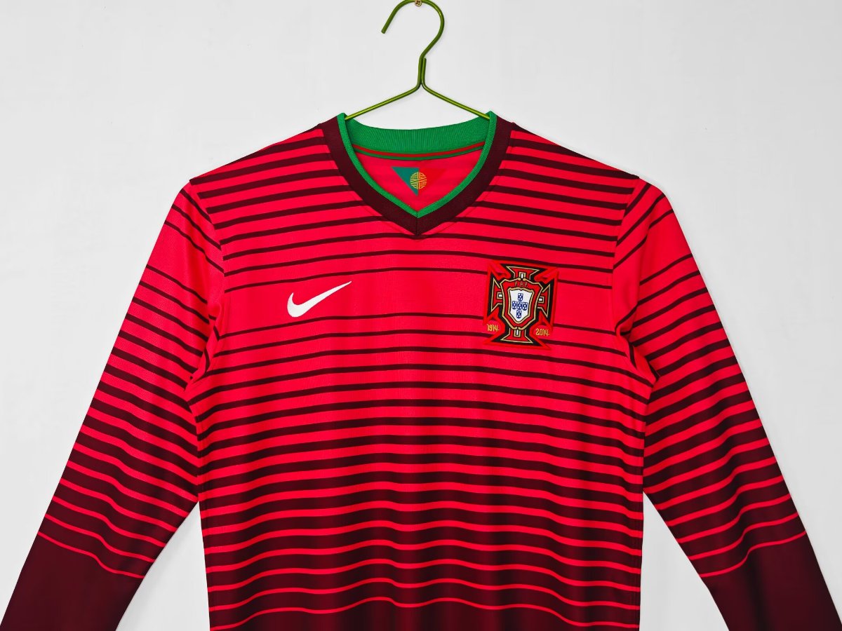 Retro 2014 Portugal Home Red with Dark  Stripes Long Sleeve Jersey